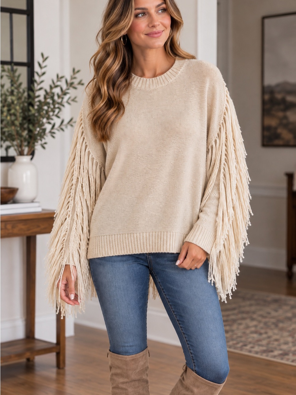 Forever 21 Cream Fringe-Sleeve Crewneck Sweater